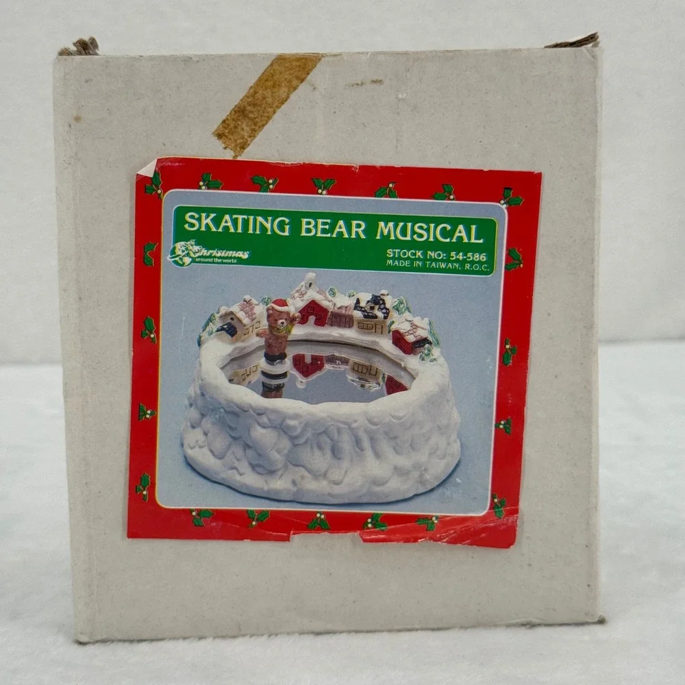 Vintage Christmas Around the World Skating Bear Musical Village Base ONLY Snowy